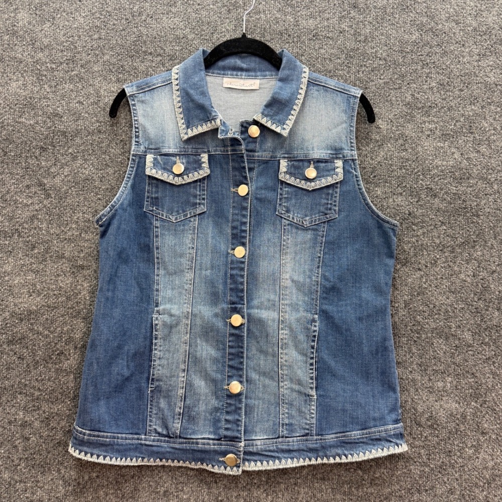 Keren Hart Denim Vest Women XL Blue Embroidered Trim Sleeveless Jean Jacket Boho